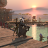 A screenshot of Clydwyn kneeling on a ledge in Tuliyollal. He wears his twinblade on his back and a monster hunter's regalia. His wings are hidden. The sun rises from behind a cloud.