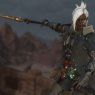A screenshot of Clydwyn on a stormy background in the desert. His wears his hunting armor and holds his twinblade at ready. His wings are hidden. He has a peaceful but confident smile.