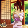 Hana's wearing her favourite yukata while having some tea.