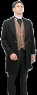 Very similar to what he wears. However, his vest is brown leather, he wears a top hat, and carries a cane.