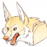 Long pointy ears because ELF. He's a very pale yellow (red, technically in fur colour terms) wolf with three legs and a huge number of scars.