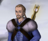 With his golden sceptre (concealed as a staff), fuzzy pauldrons, and hair tied back