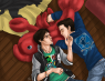 Cael sleeping on his lobster buddy, while Brae contemplates things. Done by Foxy! <3