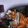 Tiger Tish curled up with his favorite Belcourts, Lisle and Obert. By me