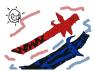 Roxas weilds two swords, tghe red in his right when only using red, red in his left when using both.