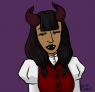 This is Erelithya in her semi-demon form. She holds her human glamour in place, but some of her demonness come through. You can see her horns, the red eyes, clawed hands as well as a long barbed tail.