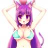Maggie wearing a bikini given to her by her former owner. The top is not big enough for her, but she doesn't kind. She's not shy about showing more skin.