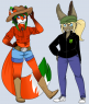 Art by IttyBittyBritty on FA! The fox on the left is Zyla, who chose a cowgil look, opposed to Fi's city girl ensemble. It's a cool dynamic! :D